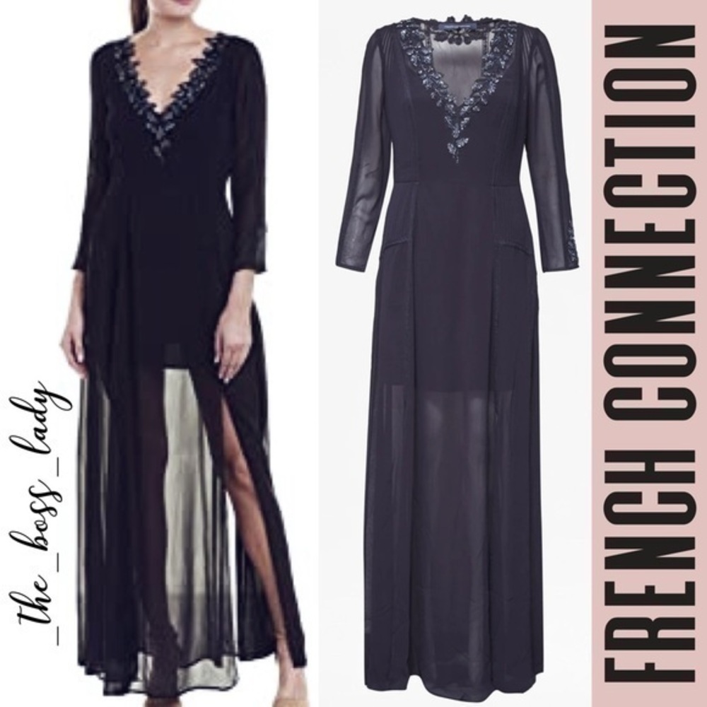 NWT FRENCH CONNECTION maxi dress embellished beaded v-neck size 2 sheer crepe